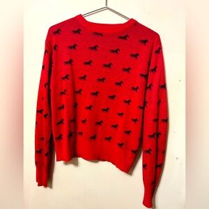 Vintage 70’s Huk-a-Poo sweater, red with black galloping horses.
